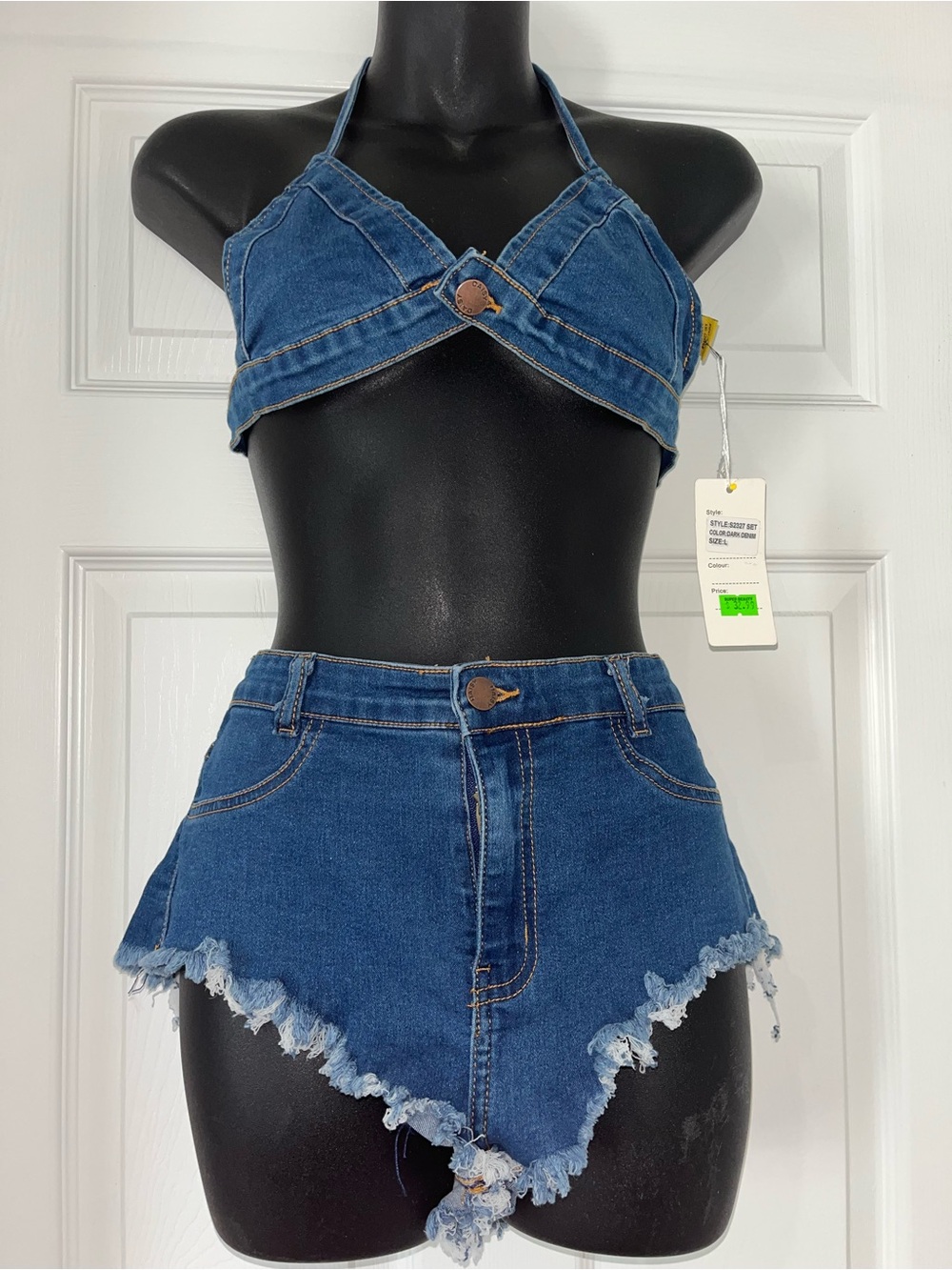 Denim Two-Piece Crop Halter Top & Asymmetrical Frayed Shorts Set - Blue